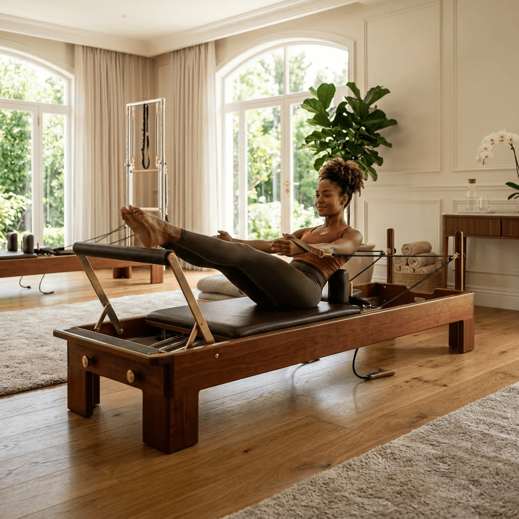 Pilates reformer with wooden frame and leather pads in airy studio